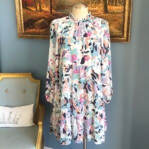 Colorful floral long sleeves layered A line high neck fully lined dress size S